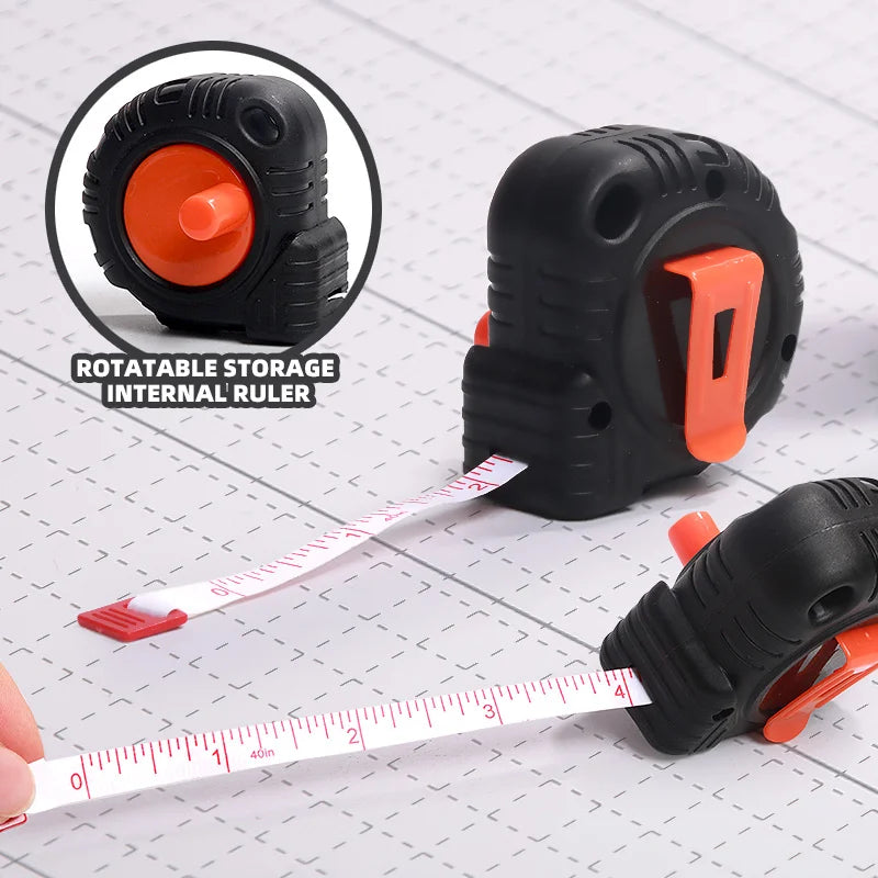 Black and orange rotating storage ruler tool set with a measuring tape for kids
