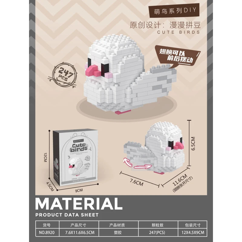 A product datasheet for a DIY set of white cute birds made of LEGO-style micro blocks.