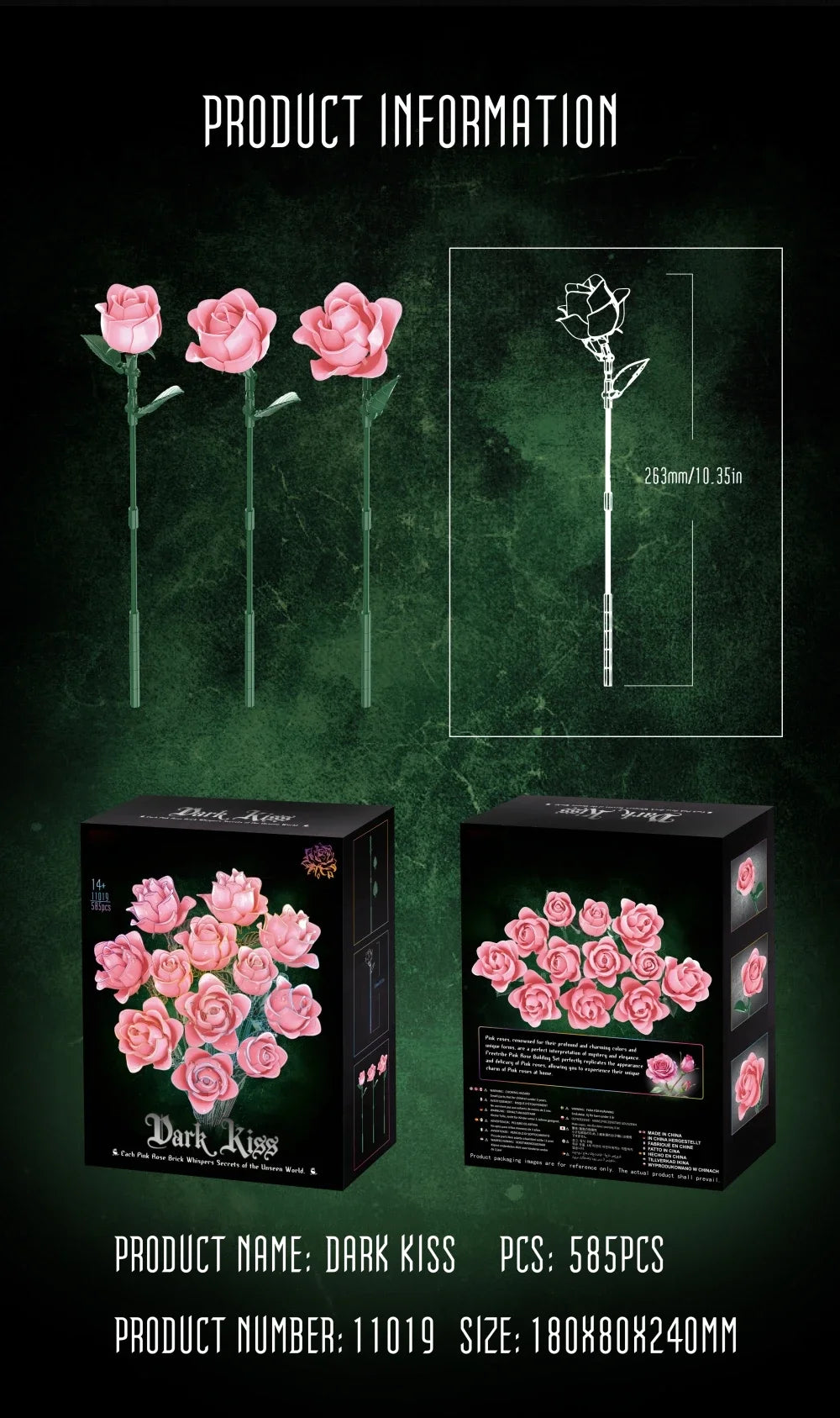 A product information sheet showing a pink rose bouquet and a detailed illustration of the flower.