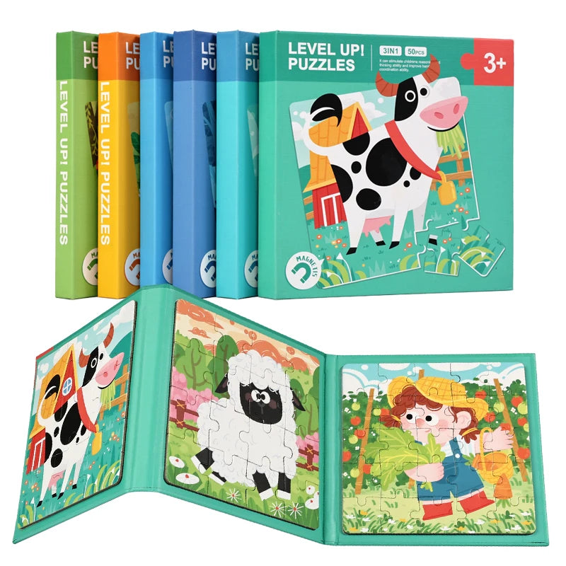 A set of Level Up puzzles featuring animals, fruit, and traffic scenes for children.