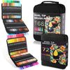 A black storage case holding a set of dual-tip brush pens with various colors and fine tips.