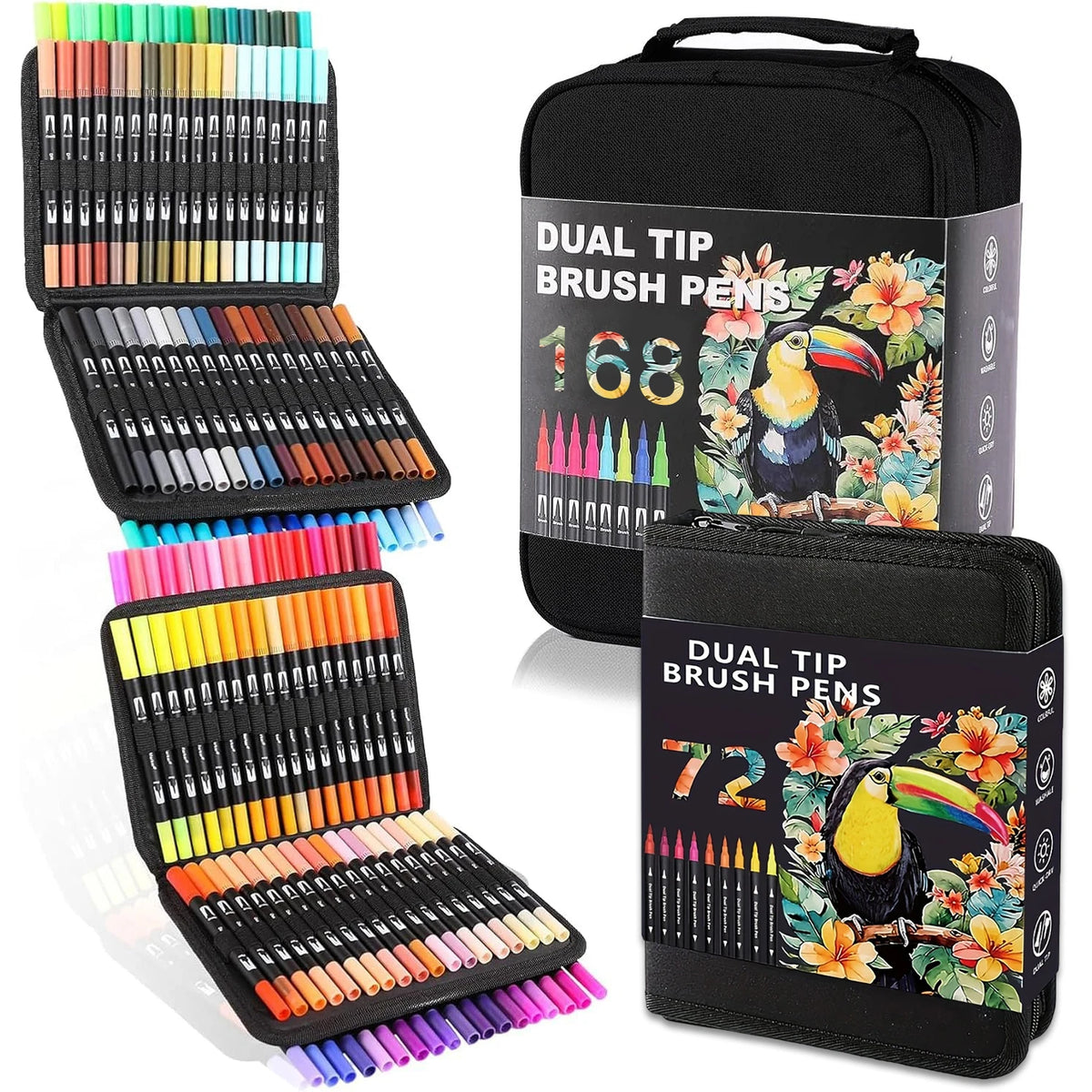 A black storage case holding a set of dual-tip brush pens with various colors and fine tips.