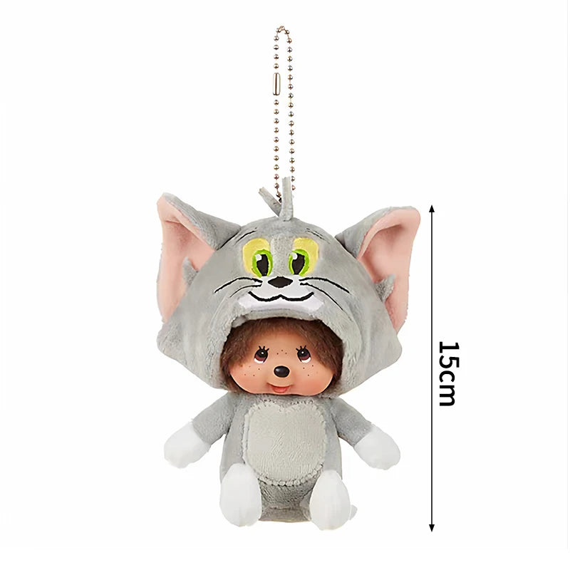 Gray cat plush cartoon charm with large ears and green eyes hanging from a chain