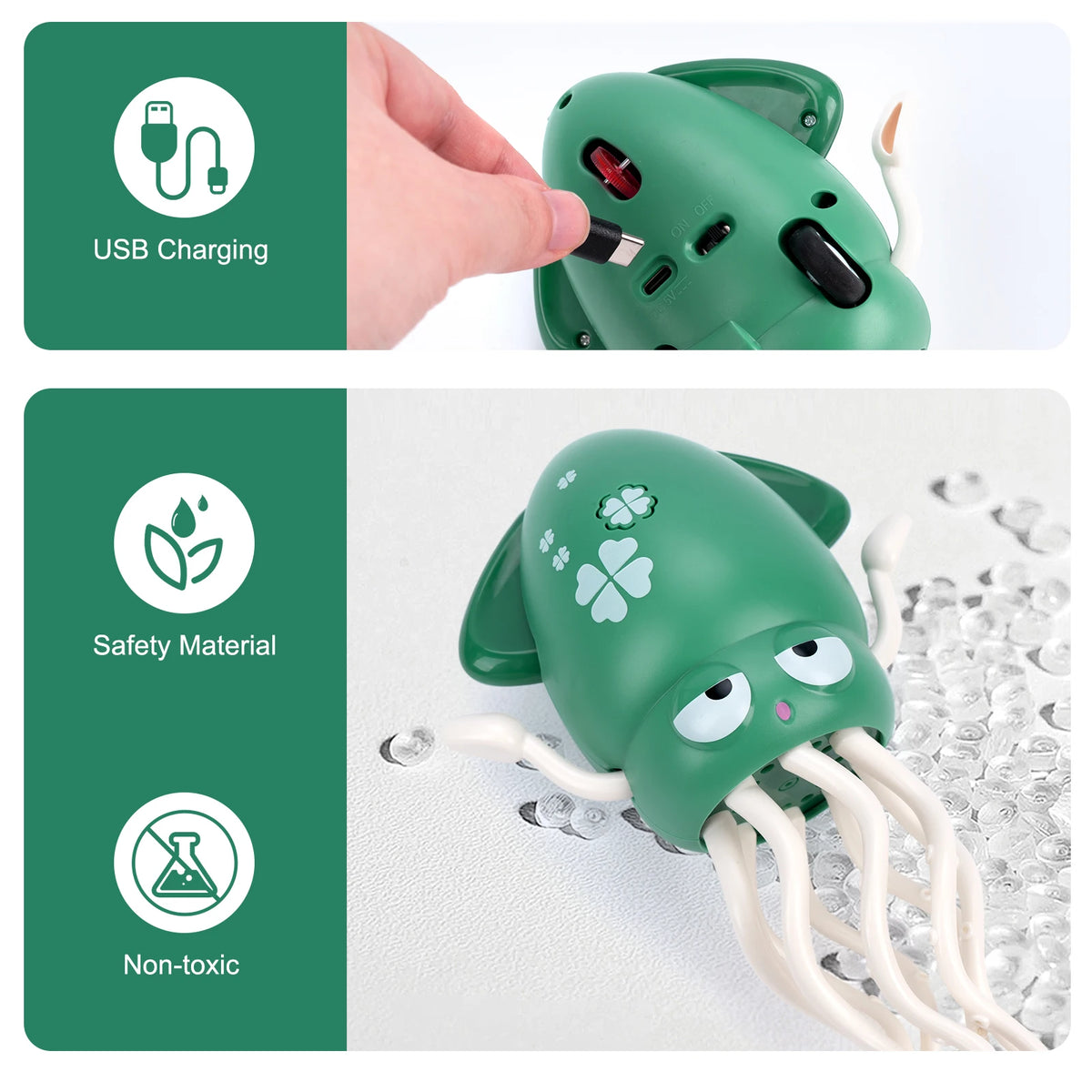 Jouet poulpe vert interactif danseur avec charge USB et matériau sécurisé.