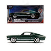 A diecast collectible model of a dark green Ford Mustang shown in a box and as a standalone vehicle.