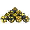 A set of ten gold standard dice with yellow dots arranged in a row.
