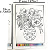 A black and white line drawing of a bouquet of flowers and leaves designed for an adult coloring book page.