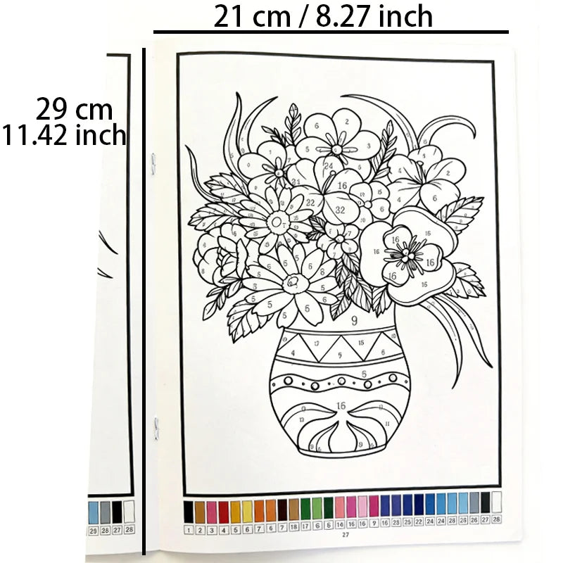 A black and white line drawing of a bouquet of flowers and leaves designed for an adult coloring book page.