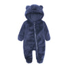 A dark blue baby bear fleece hooded romper with a zipper.