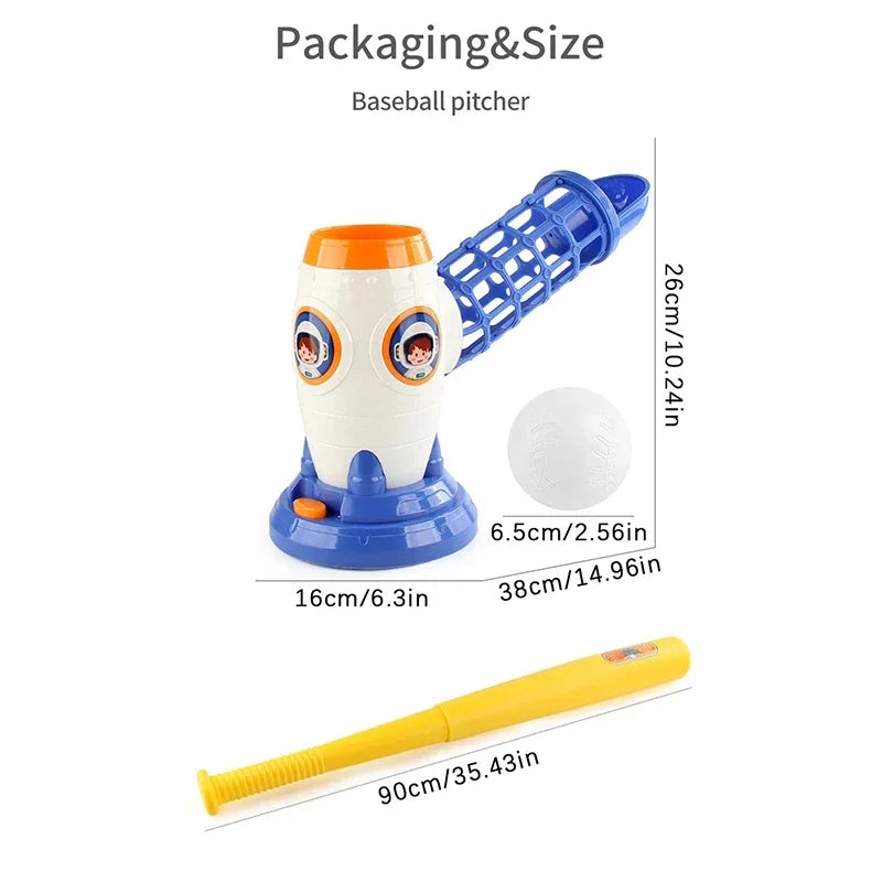 A white and blue automatic baseball pitching machine with a bat and balls shown in various sizes.
