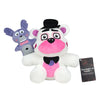 A collection of Five Nights at Freddy's plush toys including Bonnie, Foxy, and Freddy.