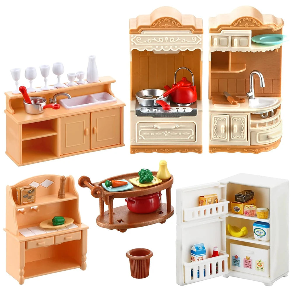 A dollhouse furniture playset featuring a mini kitchen and living room set in light brown and white.