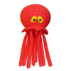 A bright red squeeze and soak octopus bath toy for toddlers with yellow eyes.