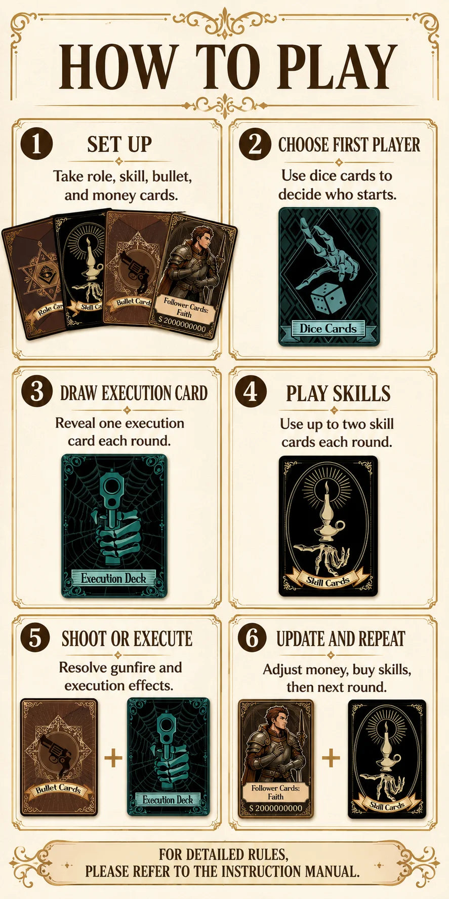 How to play guide for a card game showing setup, choosing players, drawing execution cards, playing skills, shooting or execu