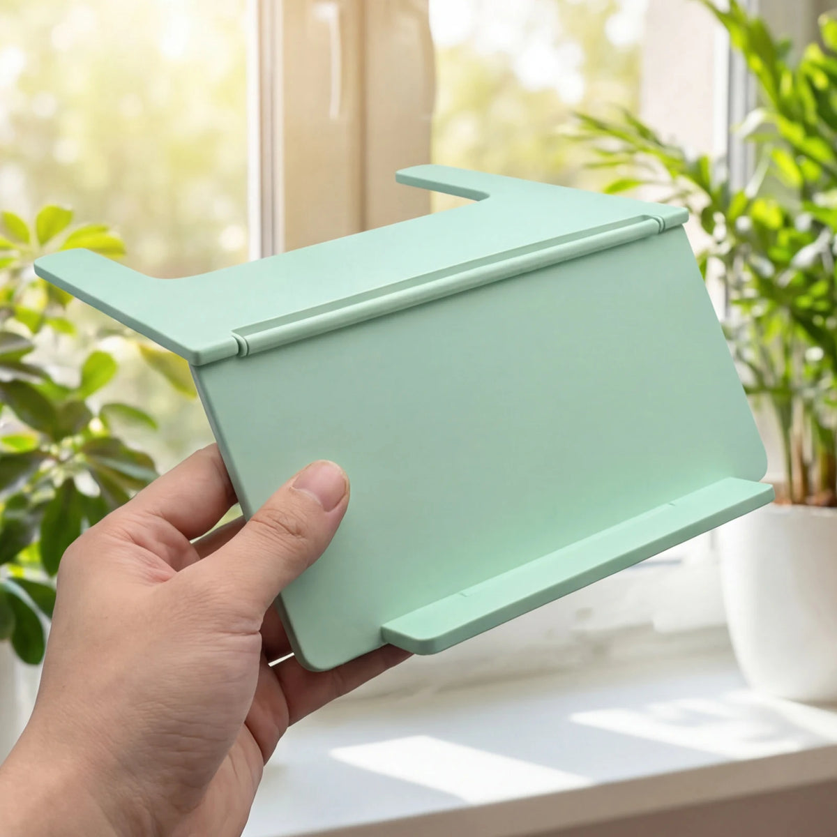 A hand holds a light green foldable Mahjong card holder with a non-slip stand next to a window.