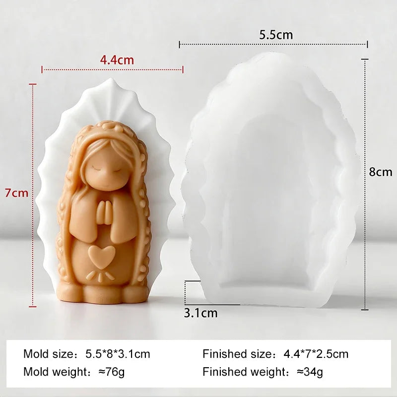 A silicone mold of a praying angel girl is shown next to its finished product, detailing the size and weight.