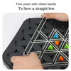 A black triangle chess strategy board with posts and rubber bands forming a straight line.