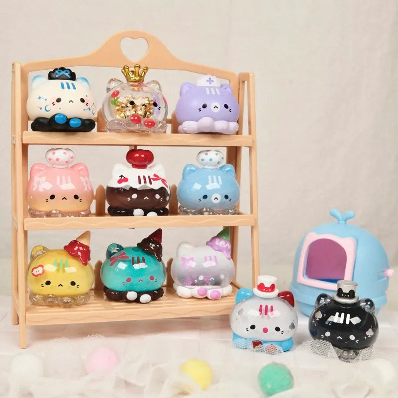 A wooden display shelf holds a cute mini bean blind box figurine featuring an octopus cat pendant charm.