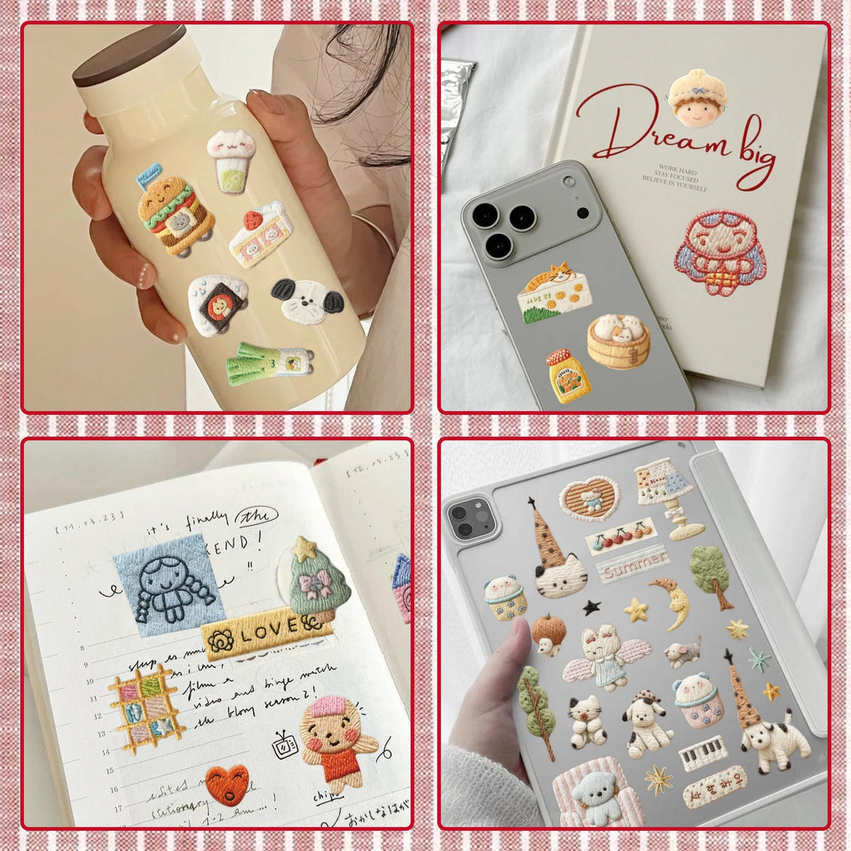 A collection of vintage embroidery stickers is shown on a page of a journal, alongside a glass bottle with similar decorative