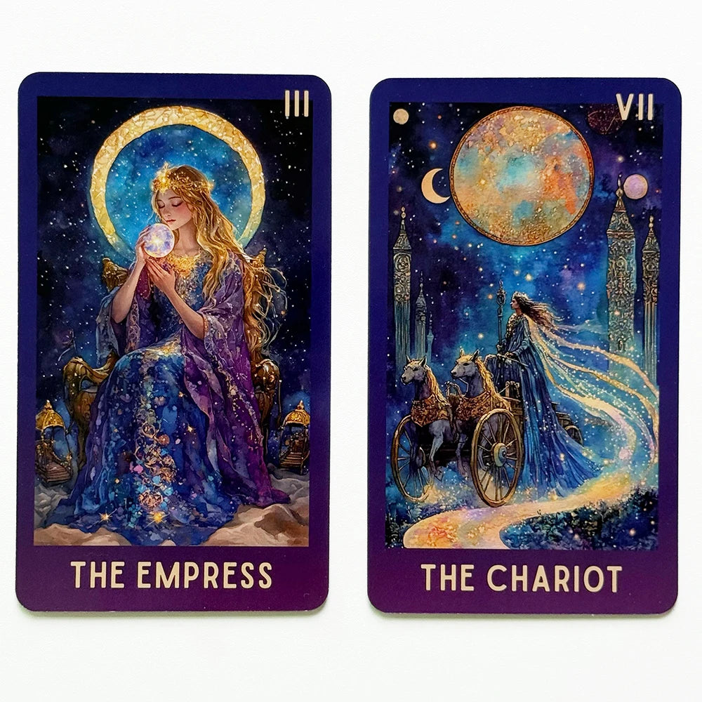 Tarot card III The Empress and card VII The Chariot from a celestial deck