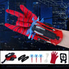 A red and black superhero launcher wrist toy set with suction cup darts shown against a city skyline background.