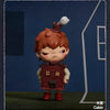 A collectible figurine of a small, reddish-brown skinned character wearing a hat and standing in front of a blue house.