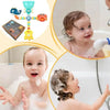 A set of suction cup water spinner bath toys for toddlers, including a blue spinner and an orange toy, used in a bathtub.