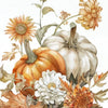 Watercolor illustration of various pumpkins and autumn foliage.