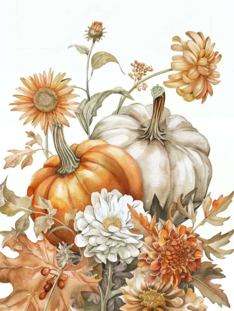 Watercolor illustration of various pumpkins and autumn foliage.