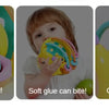 Three images showing a smiling face bell, a soft glue bite toy, and a grip fitness stick for babies.