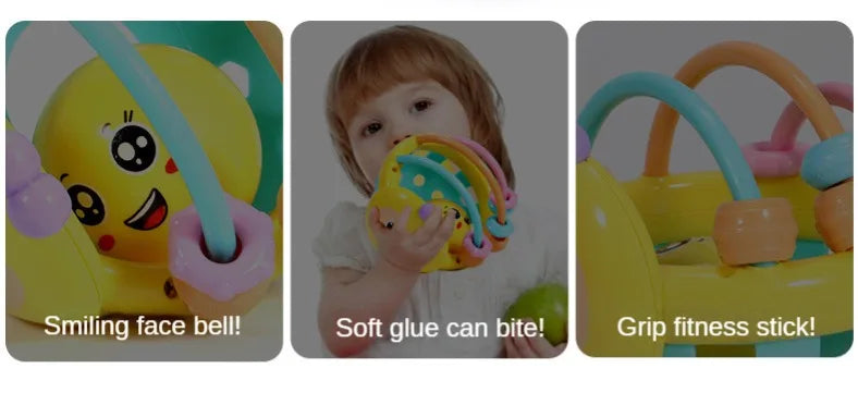 Three images showing a smiling face bell, a soft glue bite toy, and a grip fitness stick for babies.