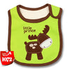 A bright lime green baby feeding bib with a brown cartoon deer design.
