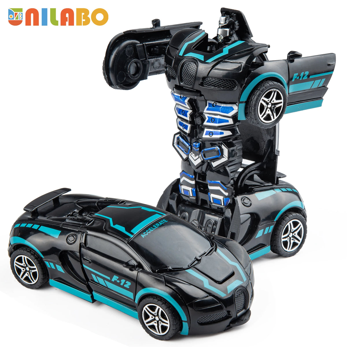 A black and teal transformable robot sports car toy with a robot figure attached.
