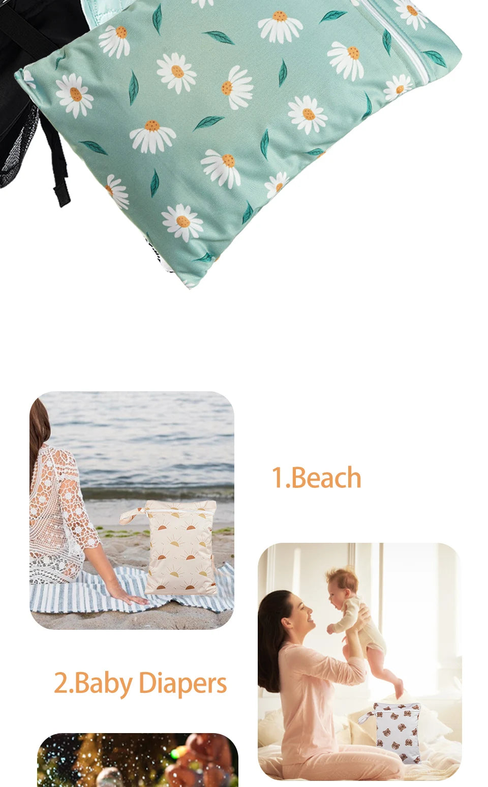 A set of three waterproof wet and dry bags featuring a floral pattern for swimsuits, diapers, and travel items.