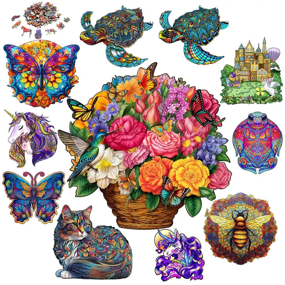 A colorful arrangement featuring a butterfly, a cat, and a bee, used as components for a wooden animal puzzle set.