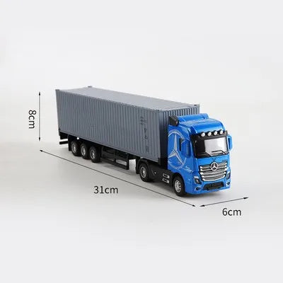 Blue Mercedes truck pulling a gray container truck model with pull-back action