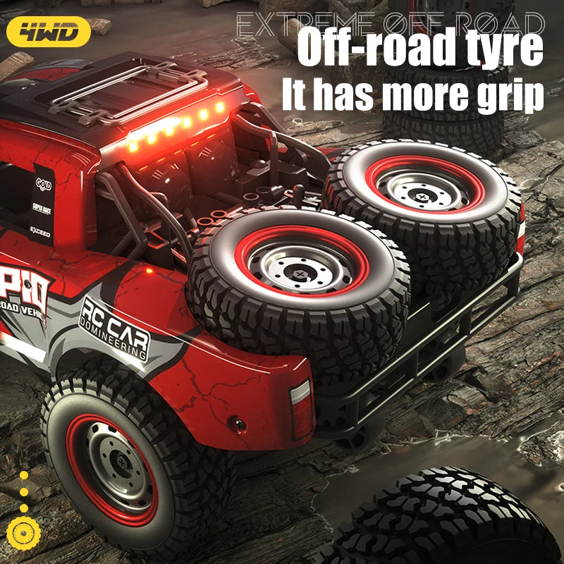 A red RC off-road truck with large tires and LED lights is shown on a rocky terrain.