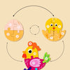 A set of wooden puzzles showing a growth process, from simple shapes to complex forms.
