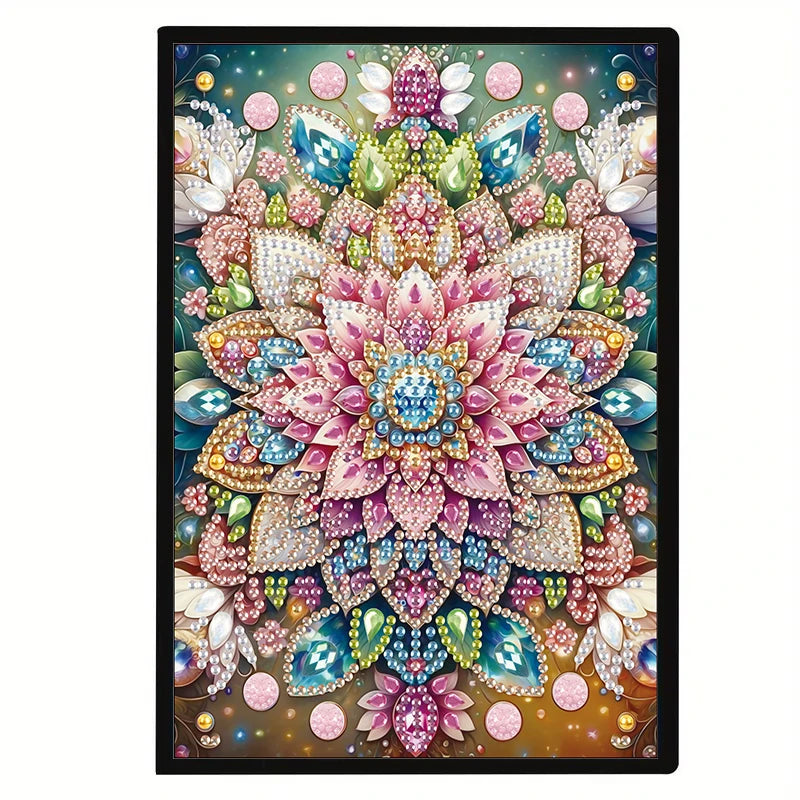 A detailed diamond art design featuring a central floral mandala surrounded by colorful petals and decorative elements.