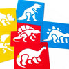 A collection of colorful dinosaur painting stencils for kids featuring various dinosaur silhouettes.