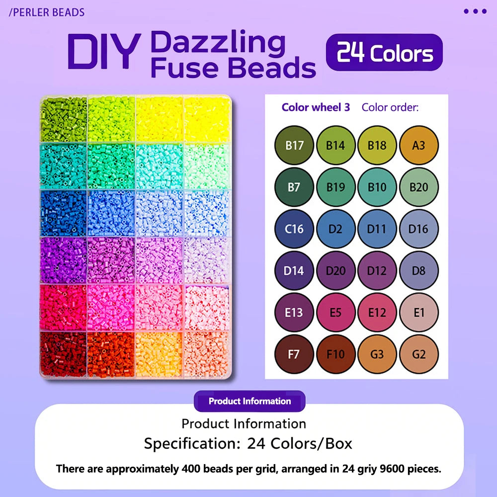 A set of 24 colors of fuse beads arranged in a grid for DIY craft projects