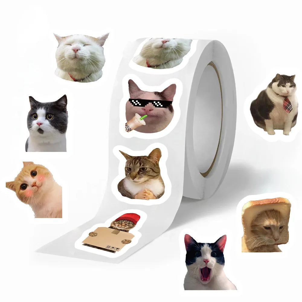 A roll of funny cat meme stickers featuring various cats with different expressions and themes.
