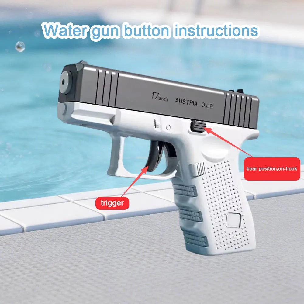 Instructions for operating a tactical water gun pistol showing the trigger and button area.