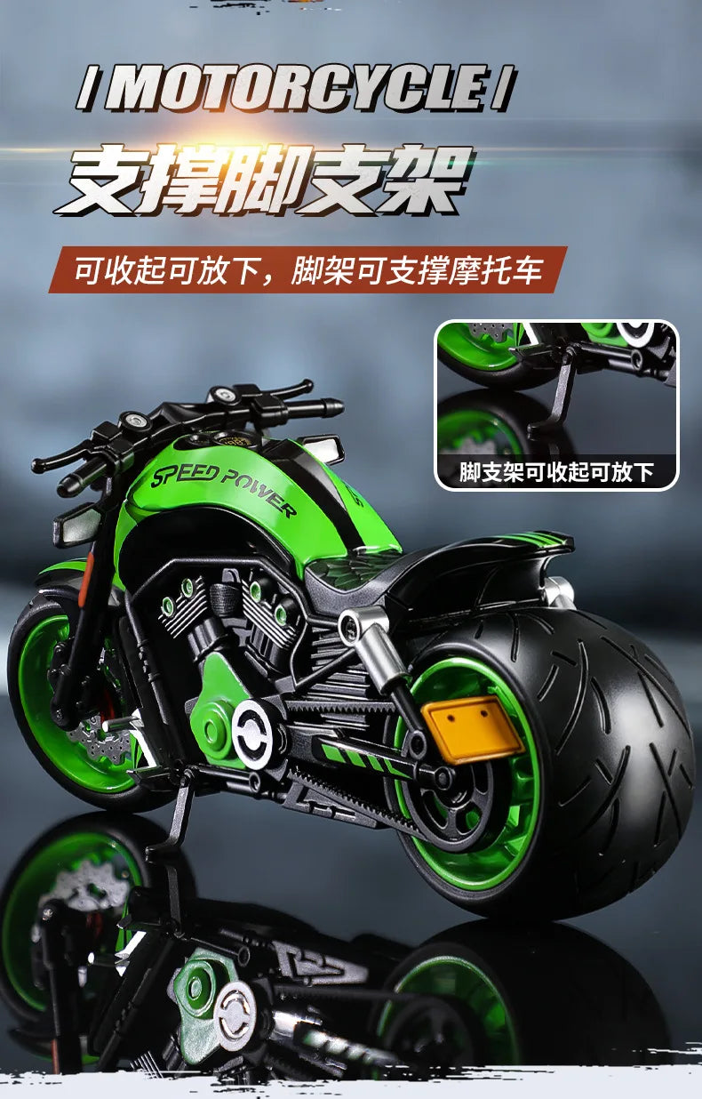 A detailed green and black die-cast motorcycle model with aftermarket exhaust components shown in a studio setting.