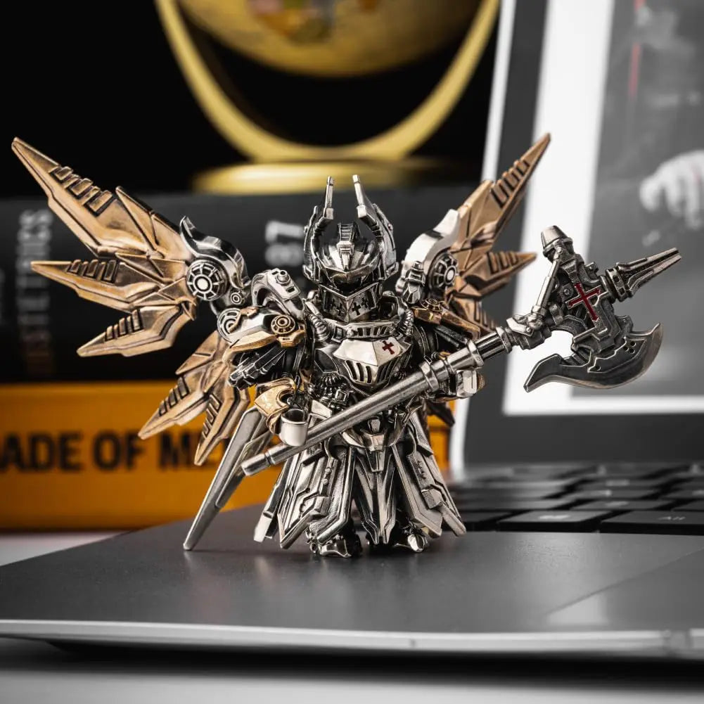 A highly detailed metallic figurine of an armored warrior with wings and a large sword displayed on a dark surface.