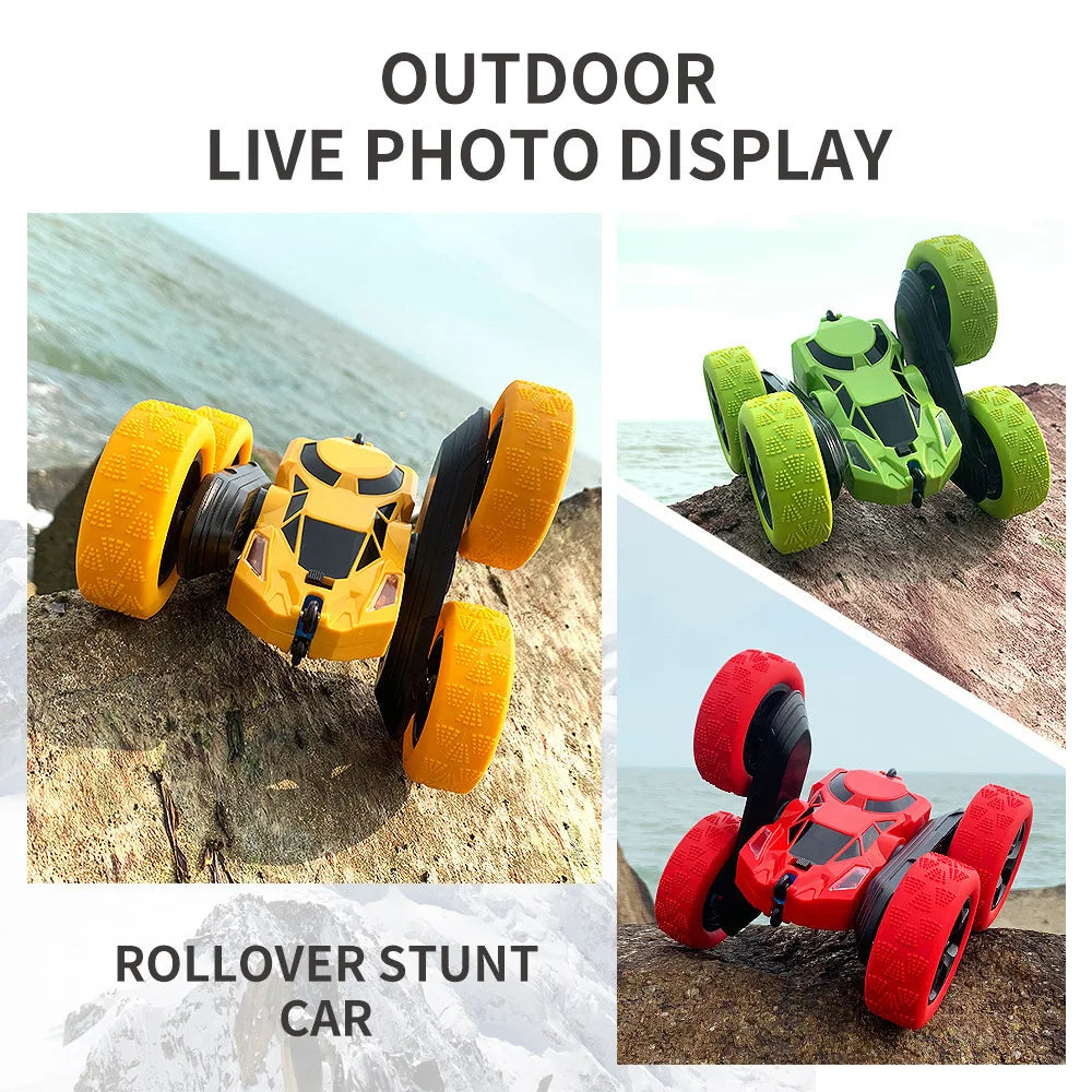 Outdoor live photo display of a yellow and orange rollover stunt car toy