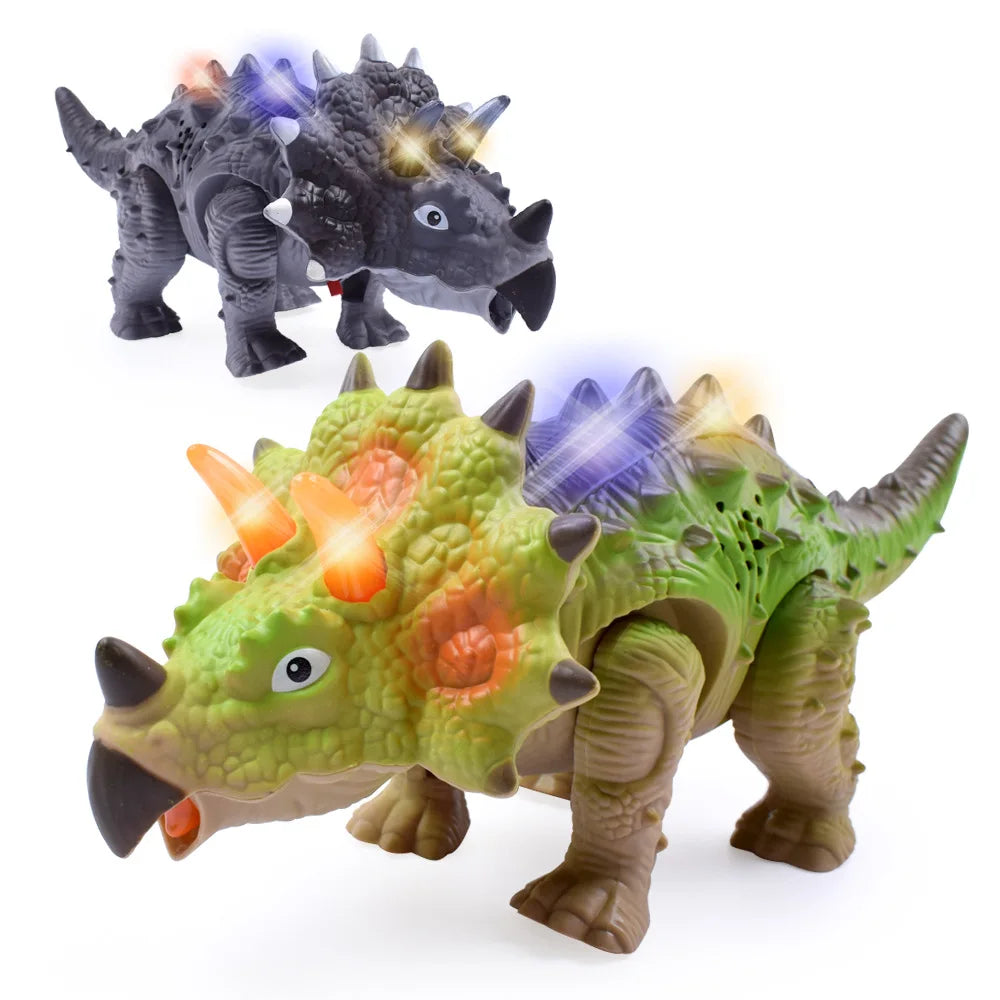 A green dinosaur toy with spiky features and glowing eyes is shown next to a dark gray dinosaur toy.