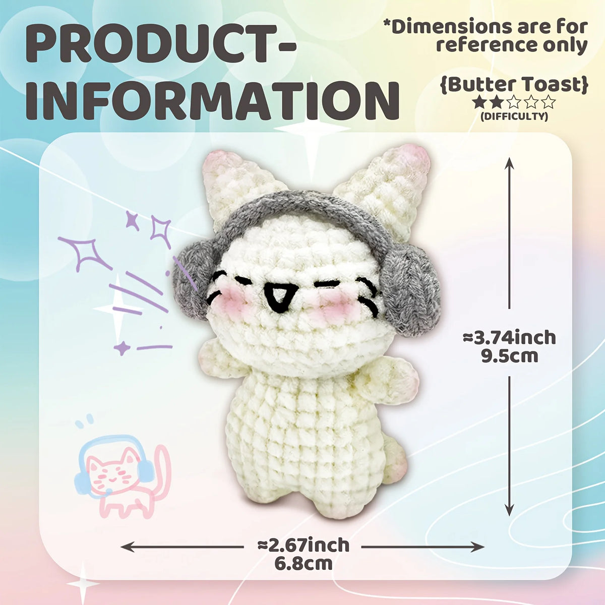 A handmade white and gray kitten crochet toy with large ears and a stitched face.