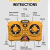 Instructions for a remote control truck excavator showing features like speed regulation, switch, lighting, and indicator lig