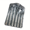 A set of six stainless steel precision tweezers with straight and bent tips packaged in a plastic pouch.
